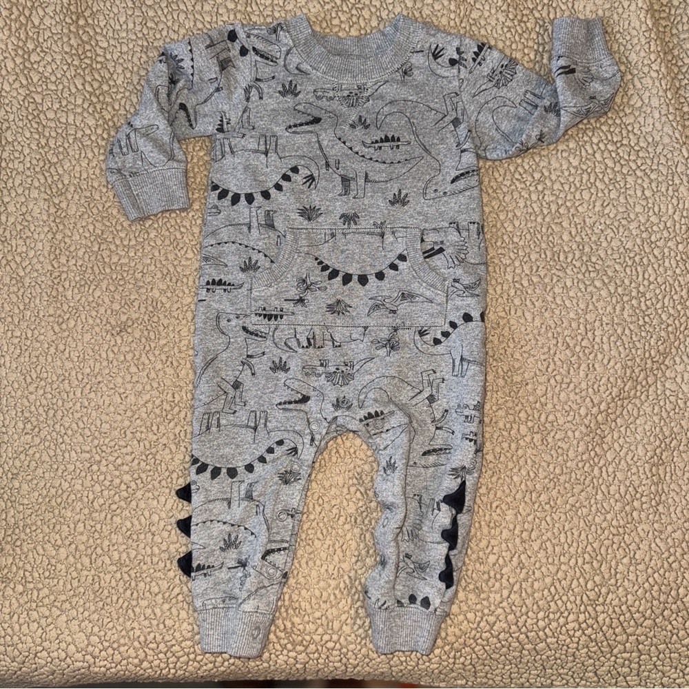 Carter's Gray Dinosaur Print sweatshirt Romper, kangaroo pocket 12m​